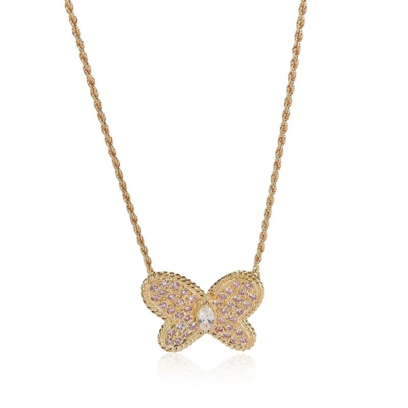Graff Pink & White Diamond Butterfly Necklace in 18K Yellow Gold 0.75 CTW: Condition: Pre-owned - Good,Pendant Shape: Round,Necklace Length: 16 null,Side Stone Type: Diamond,Side Stone Weight (cts): 0.75,Metal Purity: 18K,With Original Box/Packaging: No,With Papers:
