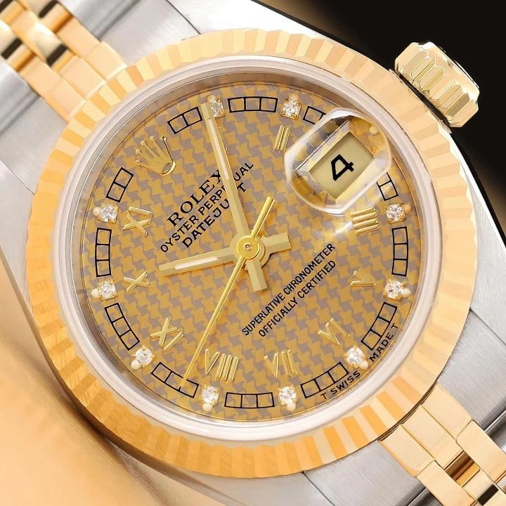 ROLEX LADIES DATEJUST 69173 HOUNDSTOOTH FACTORY DIAMOND ROMAN 18K GOLD SS WATCH: Condition: Pre-owned - Excellent,Bezel Color: Gold,Max Wrist Size: 6.26-6.75 in,Number of Jewels: 29 Jewels,Indices: Diamond Markers, Roman Numerals,Band: Rolex Two Tone Jubilee Bracelet,Bezel: Rolex 