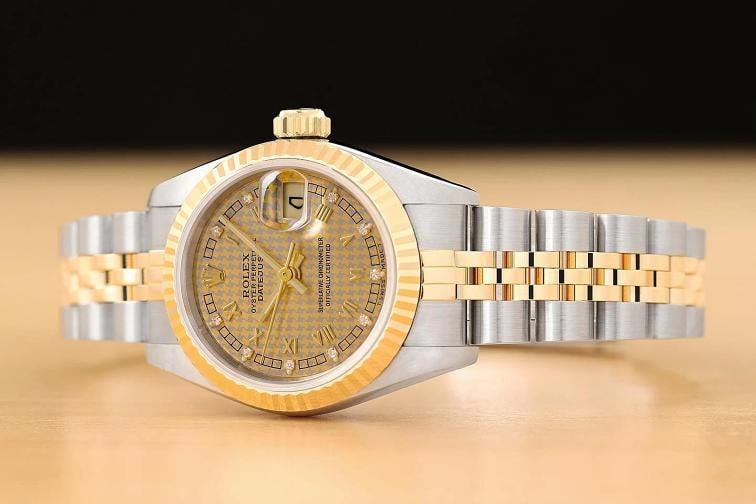 ROLEX LADIES DATEJUST 69173 HOUNDSTOOTH FACTORY DIAMOND ROMAN 18K GOLD SS WATCH - 2