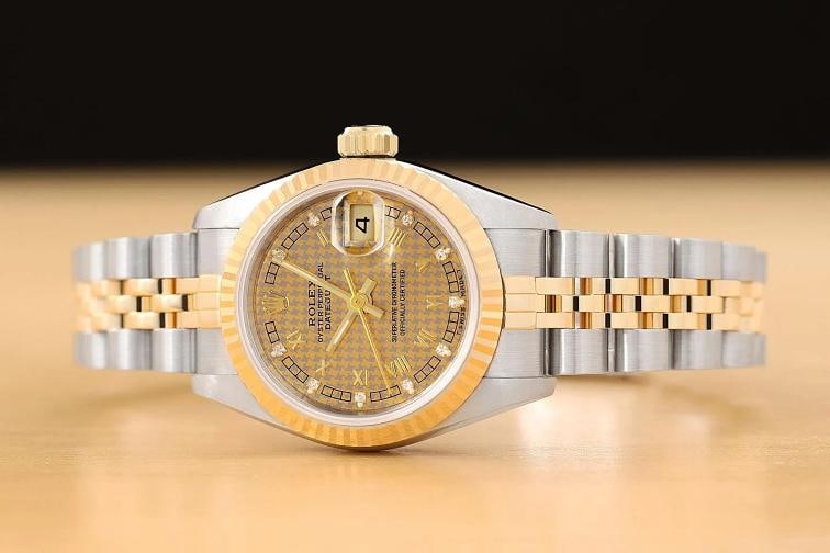 ROLEX LADIES DATEJUST 69173 HOUNDSTOOTH FACTORY DIAMOND ROMAN 18K GOLD SS WATCH - 3