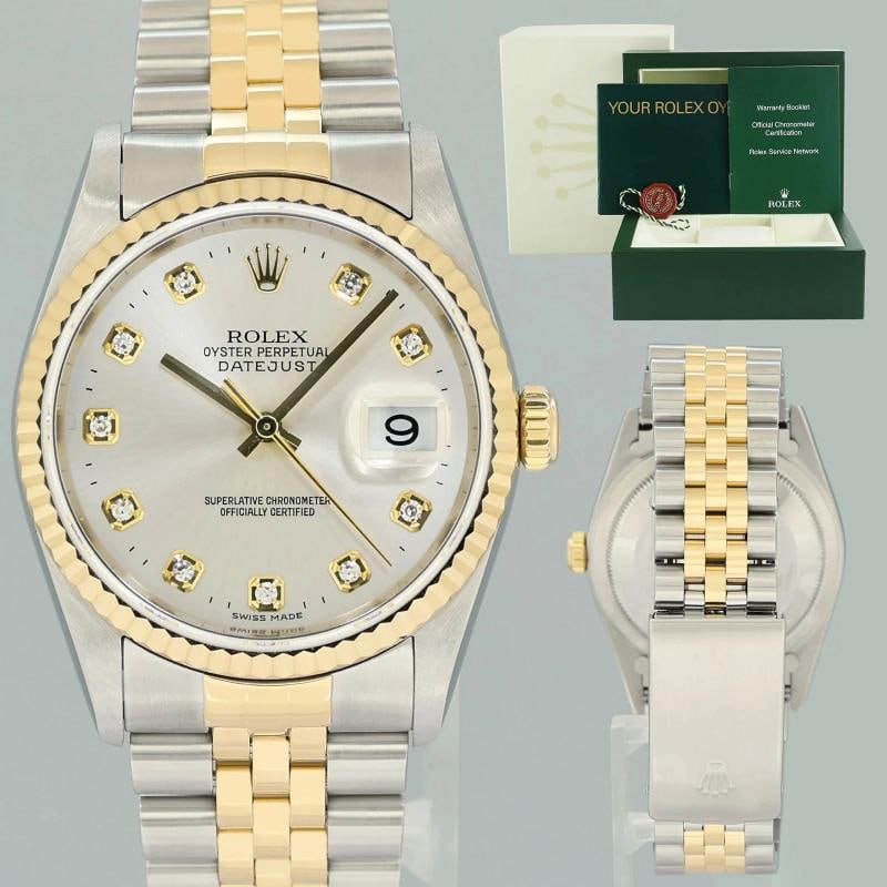 2004 MINT Rolex DateJust 16233 Two Tone Yellow Gold Jubilee Silver Diamond Watch: Case & Dial Case Material: Rolex Stainless Steel Case Size: 36mm Bezel: Rolex Yellow Gold Fluted Crystal: Rolex Sapphire Dial: Rolex Silver Diamond Movement & Bracelet Movement: Rolex Automatic Bracel