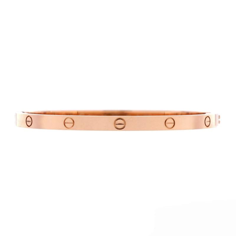 Cartier Love Bracelet 18K Rose Gold Small: Measurements: Circumference: 5.40 ", Width: 3.65 mm . Condition: Pre-owned - Good,Brand: Cartier,Main Stone: Unknown,Metal: 18K Rose Gold,Metal Purity: 18K,Style: Bracelet,Type: Bracelet,Color: Rose