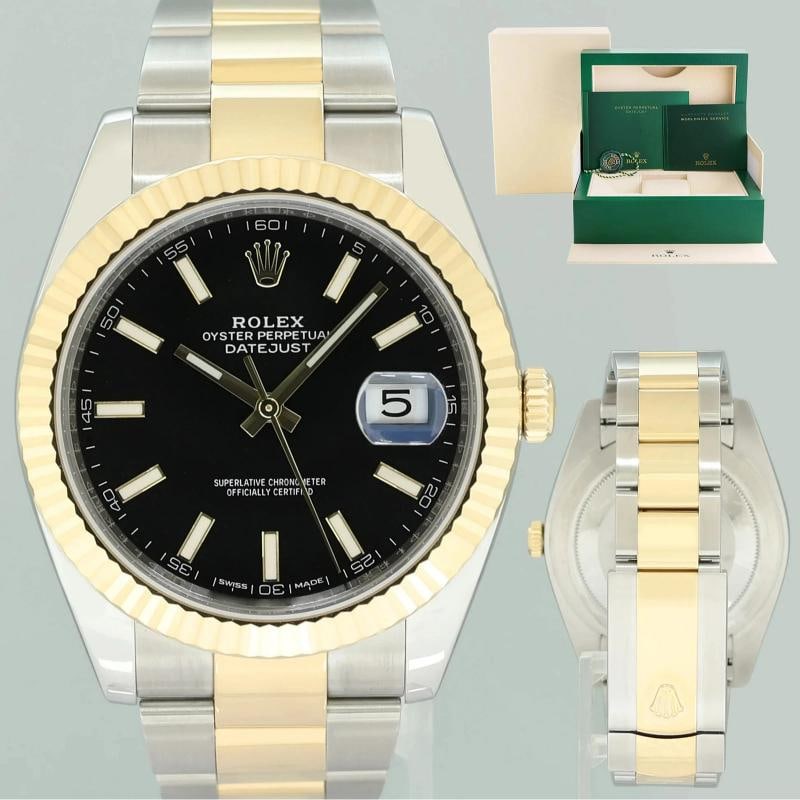 MINT Rolex 126333 DateJust Black Stick 41 Two Tone Yellow Gold 41mm Watch Box: Brand Rolex (Guaranteed Authentic) Model DateJust 41 Reference Number 126333 Serial Number Random Serial Gender Men's Metal Two-Tone (Yellow Gold/Stainless Steel) Case Size 41.00mm Wrist Size This