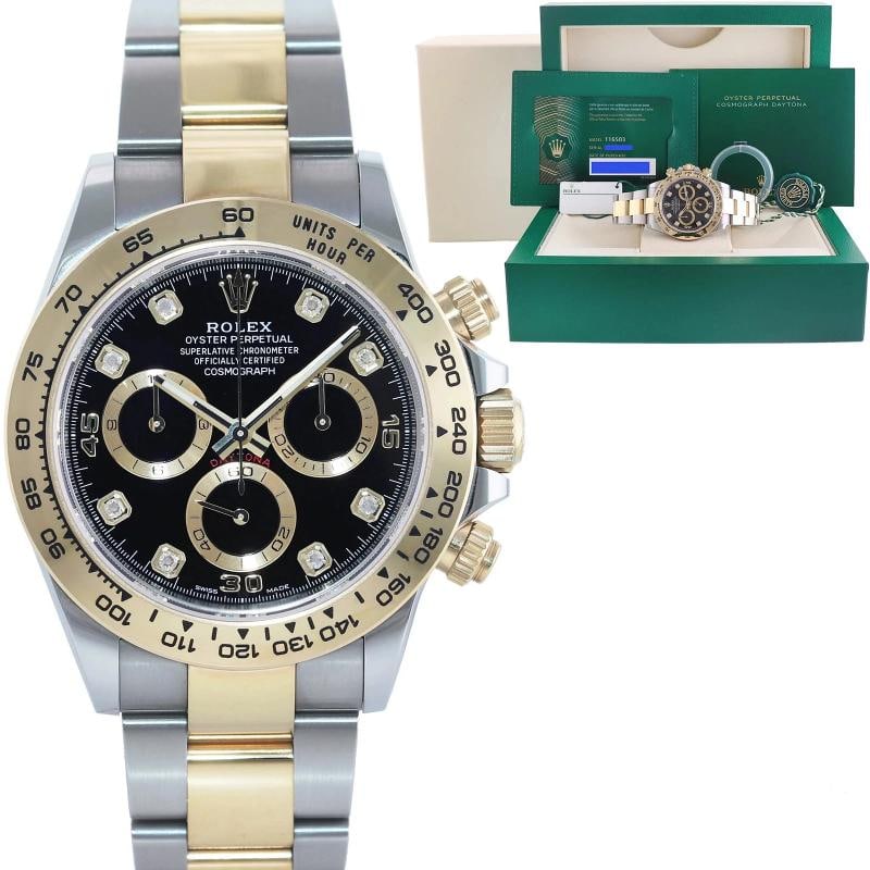 2021 NEW PAPERS 116503 Rolex Daytona Two Tone Black Diamond Yellow Gold Watch: Case & Dial Case Material: Rolex Two-Tone Yellow Gold & Stainless Steel Case Size: 40mm Bezel: Rolex Yellow Gold Crystal: Rolex Sapphire Dial: Rolex Black Diamond Movement & Bracelet Movement: Rolex