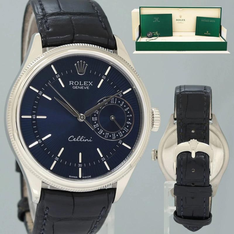 MINT Rolex Cellini Date Blue Dial White Gold 39mm Leather Automatic 50519 Watch: Case & Dial Case Material: Rolex White Gold Case Size: 39mm Bezel: Rolex White Gold Crystal: Rolex Sapphire Dial: Rolex Blue Movement & Bracelet Movement: Rolex Automatic Bracelet Design: Rolex