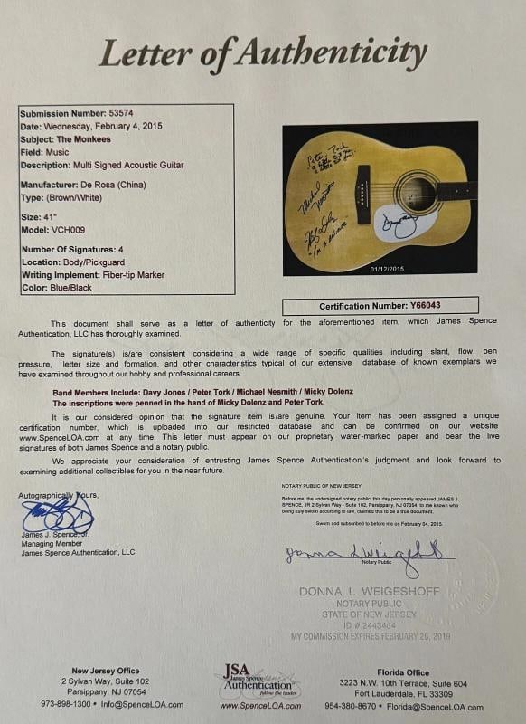 THE MONKEES: Michael Nesmith, Peter Tork, Davy Jones, and Micky Dolenz Signed Guitar (JSA) - 8
