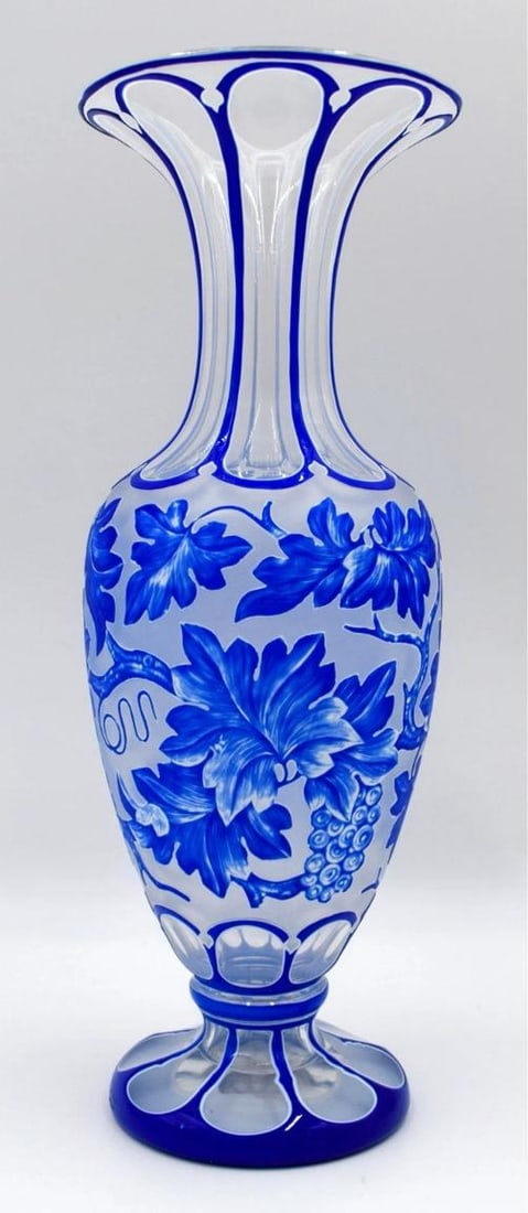 Fine Bohemian/Moser Cameo Cut & Engraved Vase, Blue w/ Grapes, Circa 1895: Measures 12 1/4" high by 4 1/2" wide. . Condition: Used,Brand: Moser,Antique: Yes,Type: Vase,Era: Victorian (1837-1900),Color: Blue,Material: Glass,Year Manufactured: 1895,Country of Origin: United