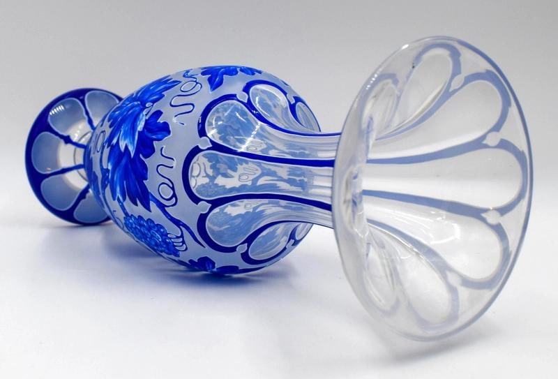 Fine Bohemian/Moser Cameo Cut & Engraved Vase, Blue w/ Grapes, Circa 1895 - 7