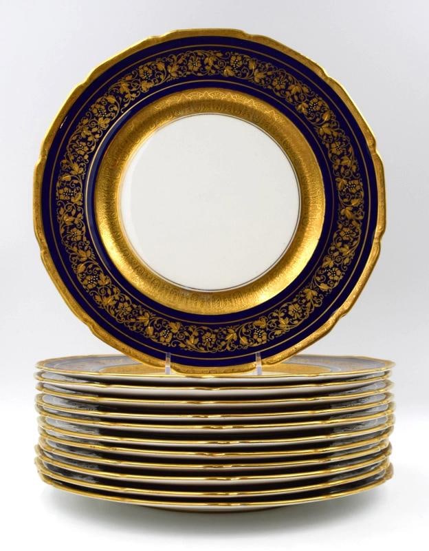 12 Royal Doulton Raised Gold Gilt & Cobalt Blue Fancy Dinner Plates, Circa 1920 (1 of 8)