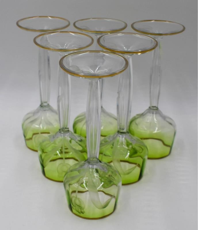 6 Moser Green Cut to Clear Hand Blown & Engraved Tulip Hock Wines - 11