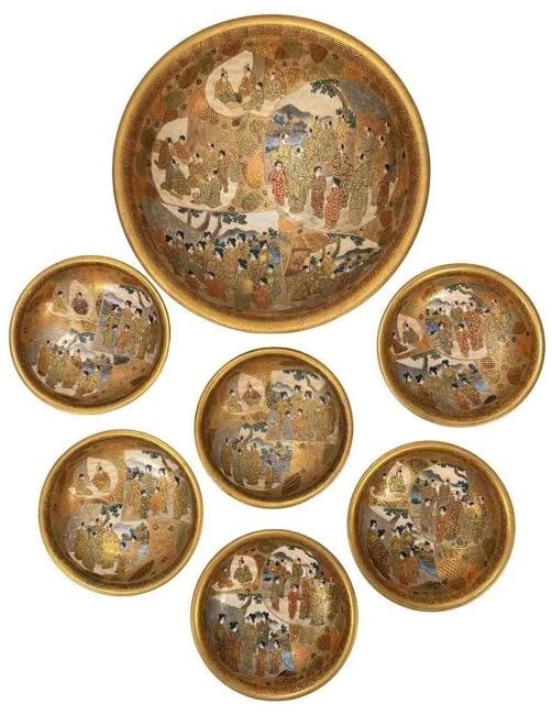 Antique 19thC Japanese Meiji Satsuma Gilt Painted 7pc Master Rice Bowl Dish Set: DIMENSIONS: master bowl 9-1/8" in diameter, 2-3/4" in height, smaller bowls/ea 5" in diameter, 1.5" in height . Age: 1850-1899,Color: Multi-Color,Original/Reproduction: Antique Original,Primary Materi