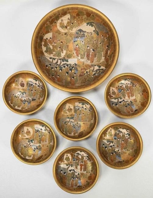 Antique 19thC Japanese Meiji Satsuma Gilt Painted 7pc Master Rice Bowl Dish Set - 2