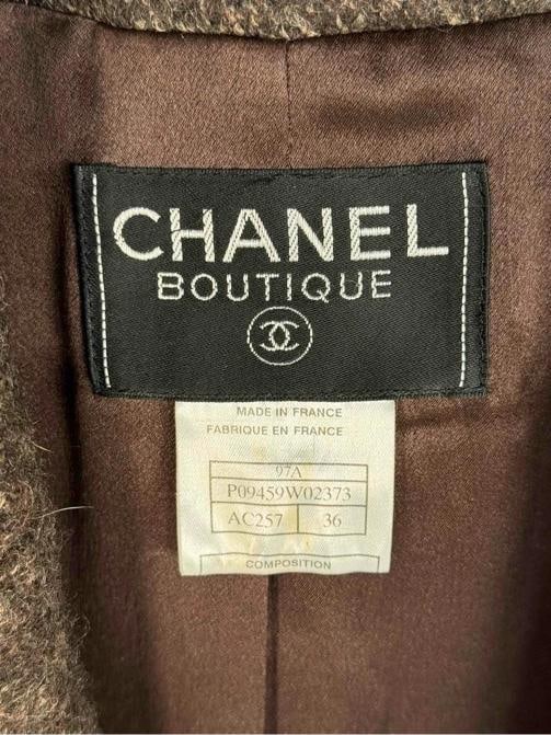 CHANEL Boutique Fall Winter 1997 Brown Wool Tweed Embroidered Coat Jacket Sz. 36 - 7