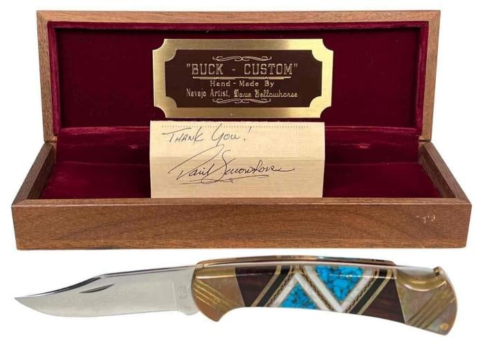 David Yellowhorse Navajo Lacy 112 Custom Buck Knife Turquoise MOP Inlay w/ Case: DIMENSIONS: 7-1/4" in length (with blade out), 9/16" wide . Condition: Used,Brand: Buck,Handle Material: Wood,Country of Origin: United States