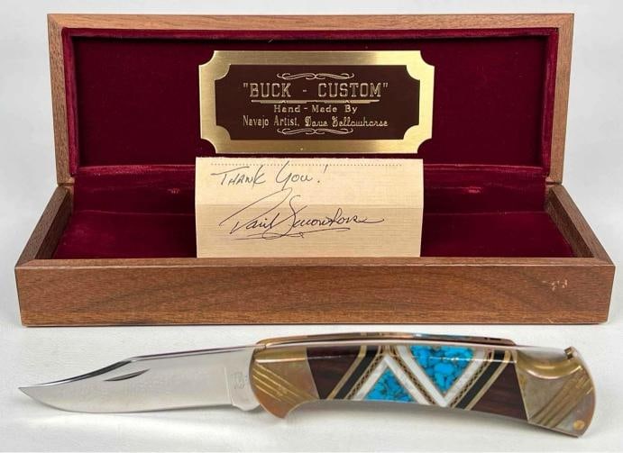 David Yellowhorse Navajo Lacy 112 Custom Buck Knife Turquoise MOP Inlay w/ Case - 2