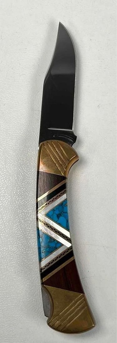 David Yellowhorse Navajo Lacy 112 Custom Buck Knife Turquoise MOP Inlay w/ Case - 3