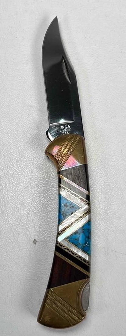 David Yellowhorse Navajo Lacy 112 Custom Buck Knife Turquoise MOP Inlay w/ Case - 4