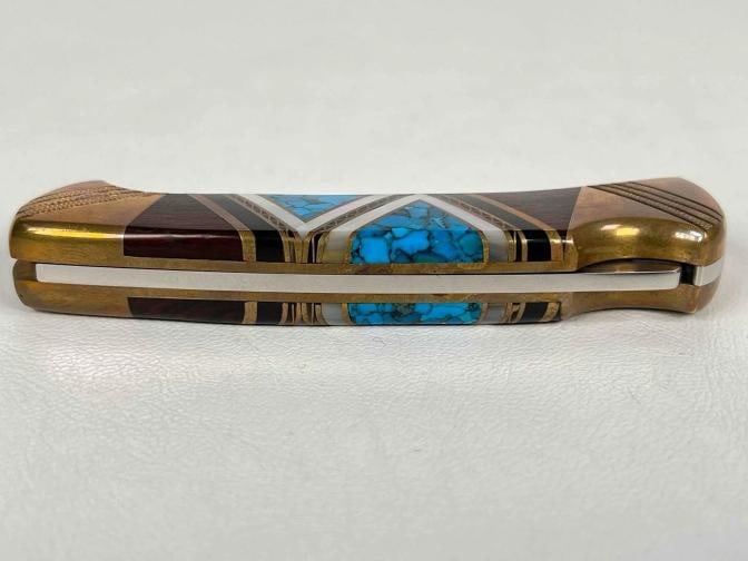 David Yellowhorse Navajo Lacy 112 Custom Buck Knife Turquoise MOP Inlay w/ Case - 6