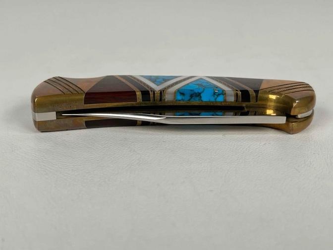 David Yellowhorse Navajo Lacy 112 Custom Buck Knife Turquoise MOP Inlay w/ Case - 7