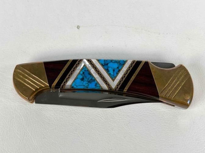 David Yellowhorse Navajo Lacy 112 Custom Buck Knife Turquoise MOP Inlay w/ Case - 8