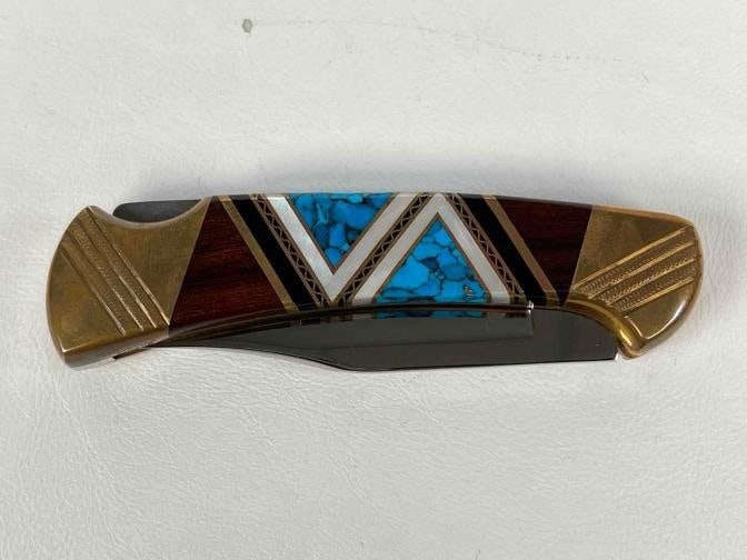 David Yellowhorse Navajo Lacy 112 Custom Buck Knife Turquoise MOP Inlay w/ Case - 9
