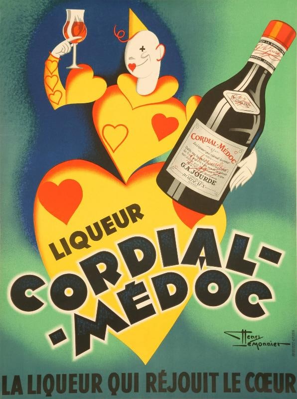 Vintage Alcohol Poster, Lemonnier, Cordial Medoc, Liquor, Heart, Brandy, 1936: Size: 22,4 x 29,9 in / 57 x 76 cm. Condition: Used,Artist: Henri Lemonnier,Unit of Sale: Single-Piece Work,Signed By: Henri Lemonnier,Size: Medium (up to 36in.),Signed: Yes,Color: Green, Yellow,