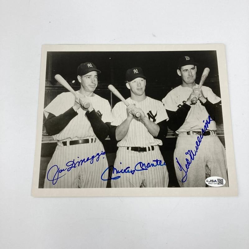 Mickey Mantle Joe Dimaggio Ted Williams Signed 8x10 Photo JSA COA Bold Mint Auto - 2