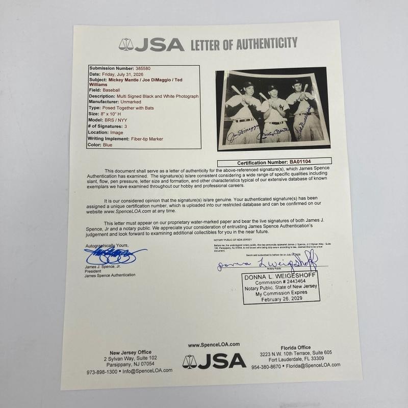 Mickey Mantle Joe Dimaggio Ted Williams Signed 8x10 Photo JSA COA Bold Mint Auto - 3