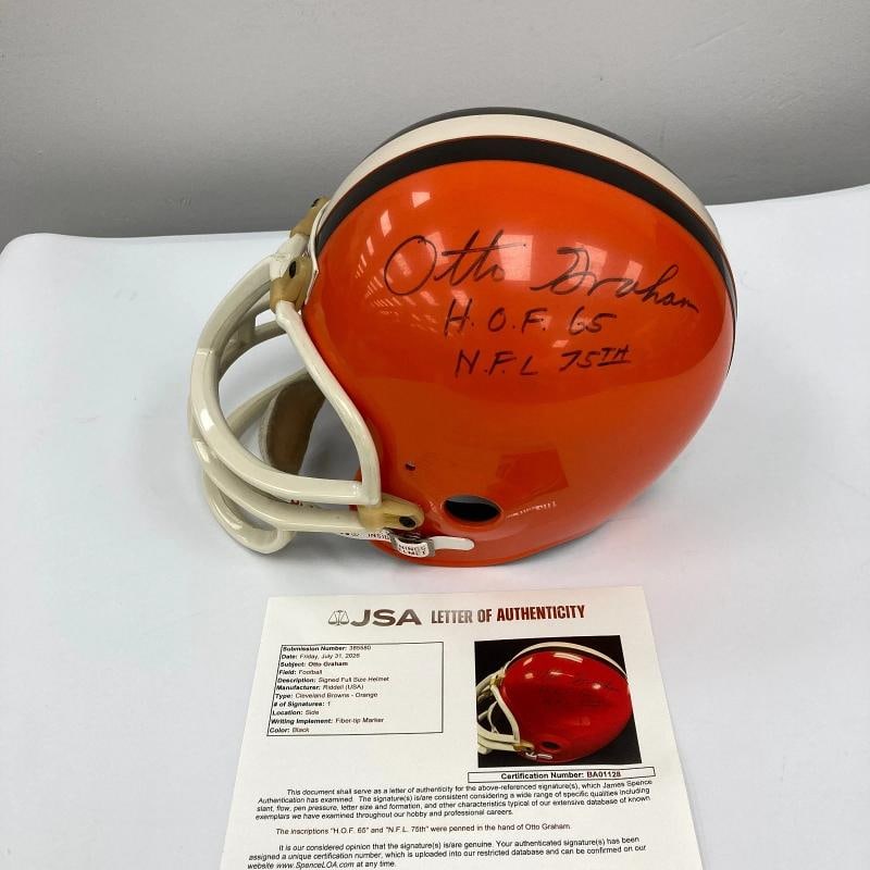 Otto Graham HOF 1965 NFL 75th Signed Cleveland Browns Full Size Helmet JSA COA: Sport: Football,Player: Otto Graham,Signed: Yes,Autograph Authentication: James Spence Authentication (JSA),Original/Reprint: Original,Product: Helmet,Team: Cleveland Browns,Country of Origin: United 