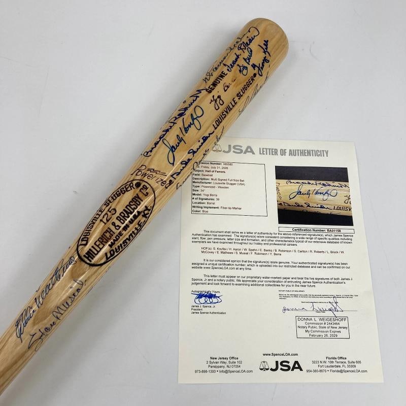 Hall Of Fame Multi Signed Baseball Bat 39 Sigs Sandy Koufax JSA COA: Featured signers are: Hank Aaron, Sandy Koufax, Stan Musial, Brooks Robinson, Frank Robinson, Warren Spahn, "Yogi" Berra, George Kell, Lou Brock, "Duke" Snider, Ernie Banks, Bob Lemon, Don Drysdale, B