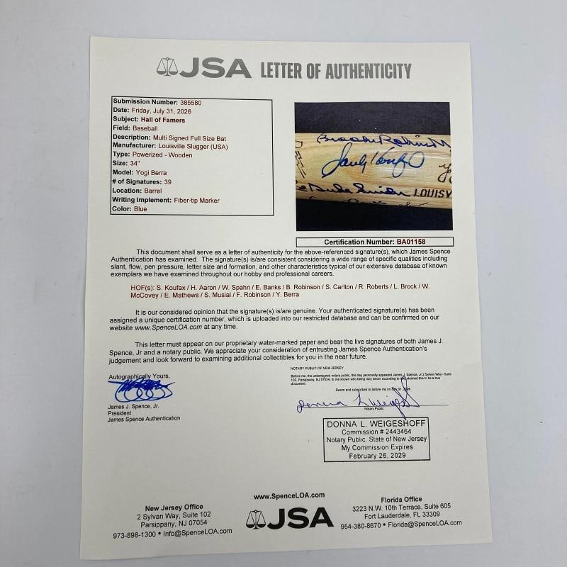 Hall Of Fame Multi Signed Baseball Bat 39 Sigs Sandy Koufax JSA COA - 2