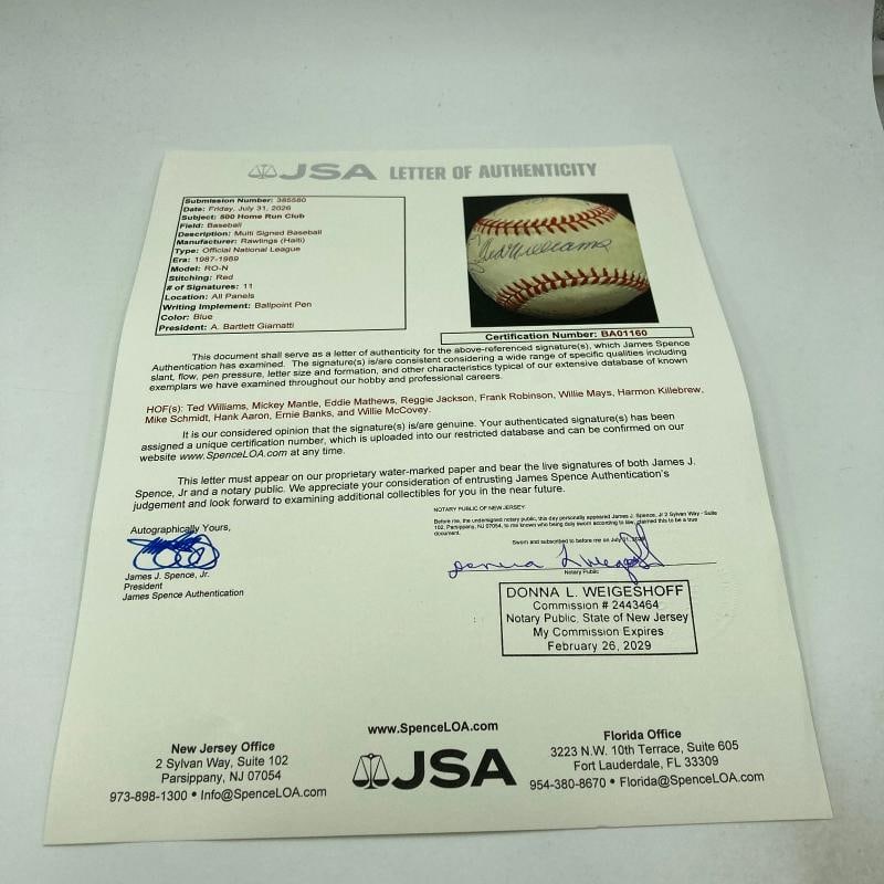 500 Home Run Signed Baseball Mickey Mantle Ted Williams Willie Mays 11 Sigs JSA - 7