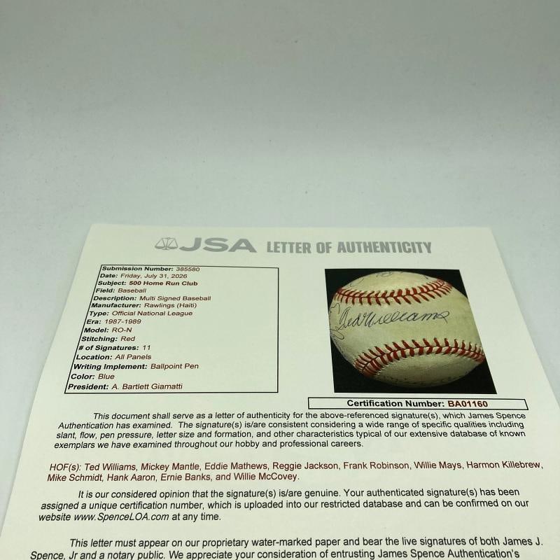 500 Home Run Signed Baseball Mickey Mantle Ted Williams Willie Mays 11 Sigs JSA - 8