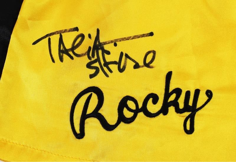 Sylvester Stallone & Talia Shire Signed Yellow Rocky Boxing Trunks Beckett - 2