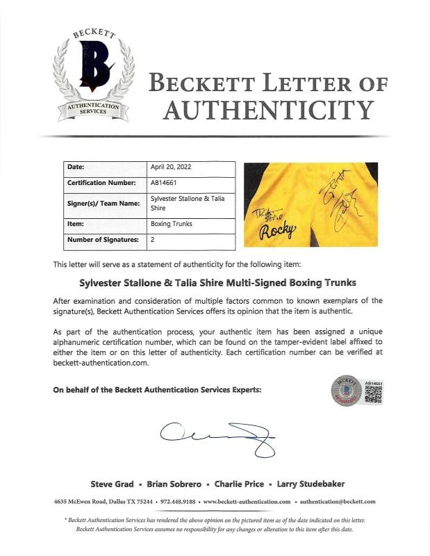 Sylvester Stallone & Talia Shire Signed Yellow Rocky Boxing Trunks Beckett - 6