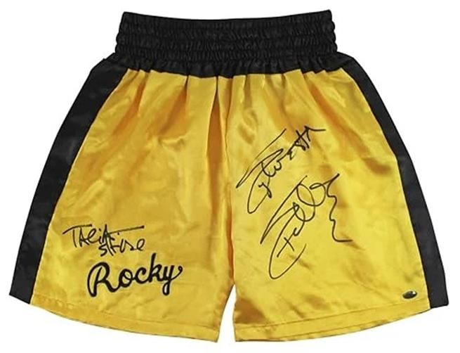Sylvester Stallone & Talia Shire Signed Yellow Rocky Boxing Trunks Beckett - 7