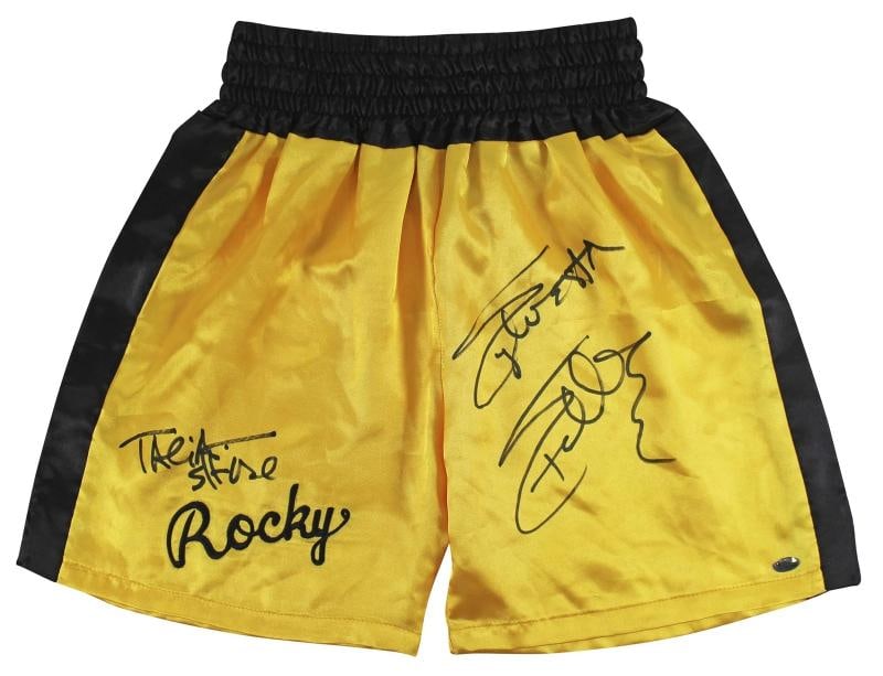 Sylvester Stallone & Talia Shire Signed Yellow Rocky Boxing Trunks Beckett - 8