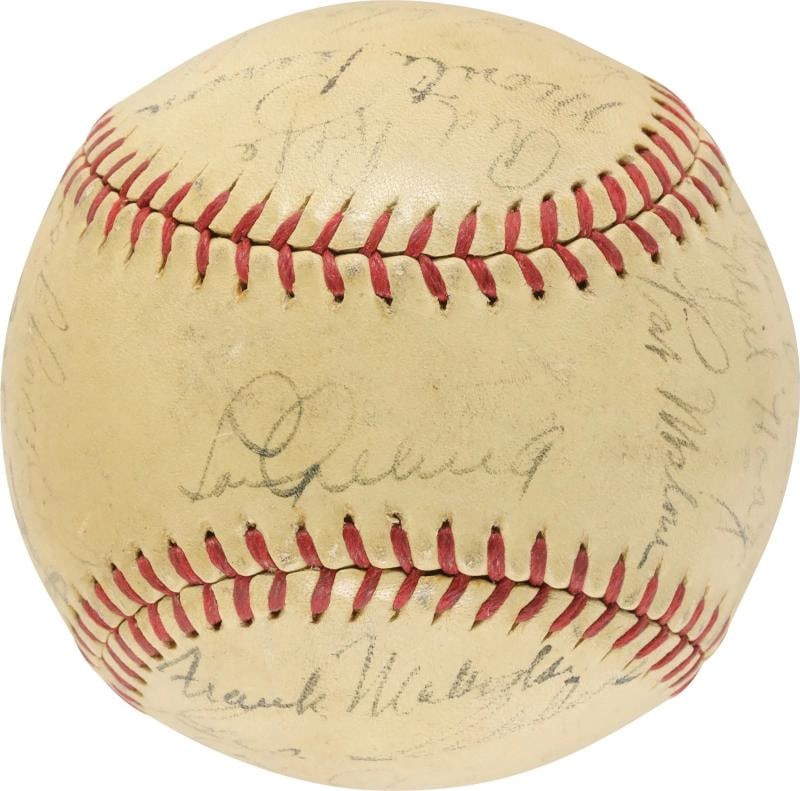 1936 New York Yankees World Series Champs Team Signed Baseball Lou Gehrig PSA: The signatures on the ball include seven HOFers, with note to Lou Gehrig, Joe DiMaggio (rookie year), Bill Dickey, Earle Combs, Red Ruffing, Tony Lazzeri (D'1946), Lefty Gomez, Tommy Henrich, Art
