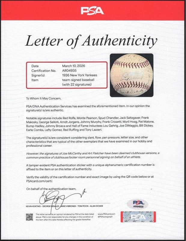 1936 New York Yankees World Series Champs Team Signed Baseball Lou Gehrig PSA - 8