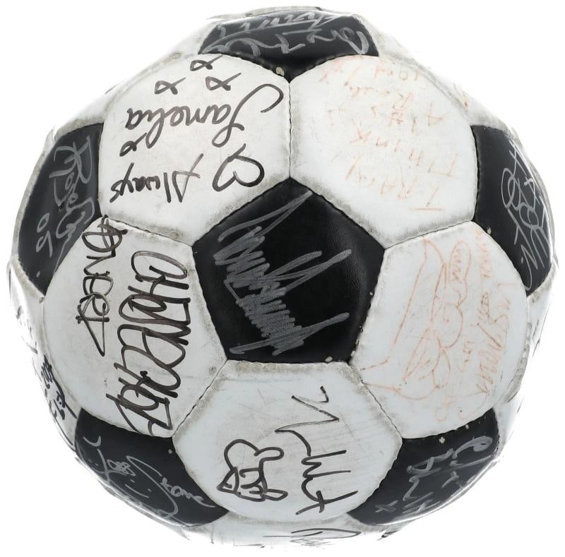 Multi Signed Soccer Ball With 30+ Signatures including Donald Trump, Kanye West, Ozzy Osbourne (JSA: Signatures Include Donald Trump, Kanye West, Robin Williams, Alicia Keys, Duran Duran (5), Pharrell Williams, Chad Hugo, Anastacia , Andre 3000, Ozzy Osbourne, Maroon 5 (3), Jesse Carmichael, Cate