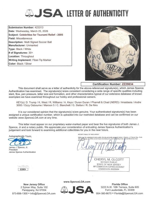 Multi Signed Soccer Ball With 30+ Signatures including Donald Trump, Kanye West, Ozzy Osbourne (JSA - 2