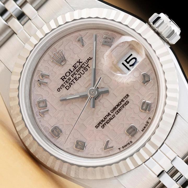 ROLEX LADIES DATEJUST 69174 GRAY ARABIC JUBILEE DIAL 18K GOLD STEEL WATCH: Condition: Pre-owned - Excellent,Bezel Color: Silver,Max Wrist Size: 6.26-6.75 in,Number of Jewels: 29 Jewels,Indices: Arabic Numerals, 12-Hour Dial,Band: Rolex Stainless Steel Jubilee