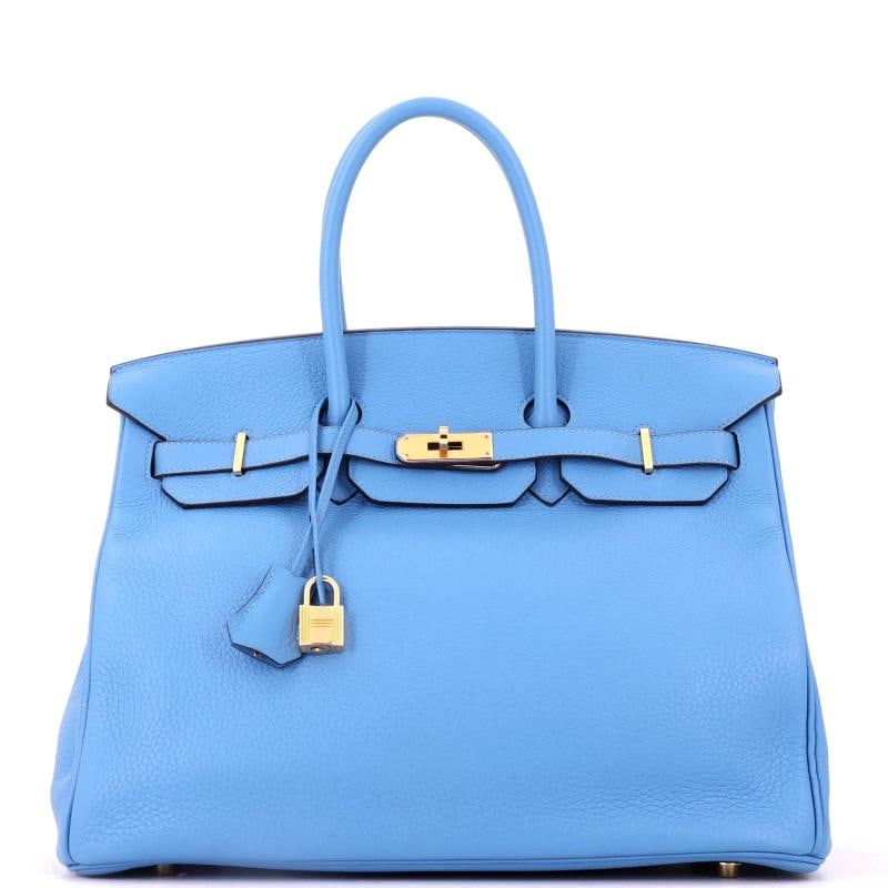 Hermes Birkin Handbag Blue Clemence with Gold Hardware 35: Accessories: Dust Bag, Lock, Keys, Clochette Measurements: Handle Drop 4.5", Height 10", Width 13.5", Depth 7", Strap Drop None". Condition: Pre-owned - Good,Brand: Hermes,Exterior Material: