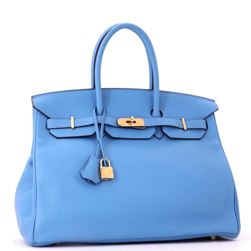 Hermes Birkin Handbag Blue Clemence with Gold Hardware 35 - 3
