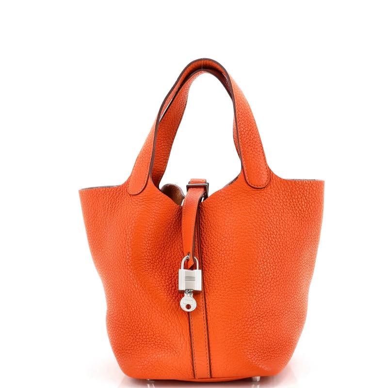 Hermes Picotin Lock Bag Clemence PM: Condition: Pre-owned - Good,Brand: Hermes,Exterior Material: Leather,Style: Bucket,Exterior Color: Orange,Department: Women,Size: Pm,Accessories: Lock, Keys Condition: Great. Exterior: scuffs, creases