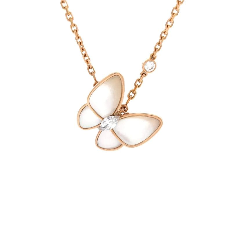 Van Cleef & Arpels Two Butterfly Pendant Necklace 18K Rose Gold with Mother of: Measurements: Length: 14.5 - 16.25 ", Pendant Length: 15.15 mm, Pendant Width: 15.55 mm . Condition: Pre-owned - Good,Brand: Van Cleef & Arpels,Main Stone: Diamond,Metal: 18K Rose Gold,Metal Purity:
