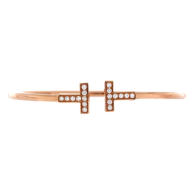 Tiffany & Co. T Wire Bracelet 18K Rose Gold with Diamonds: Measurements: Circumference: 6.40 ", Width: 2.3 mm . Condition: Pre-owned - Good,Brand: Tiffany & Co.,Main Stone: Diamond,Metal: 18K Rose Gold,Metal Purity: 18K,Style: Bracelet,Type: Bracelet,Color: