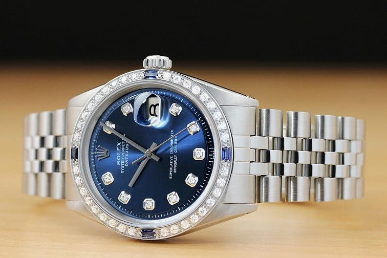 MENS ROLEX DATEJUST BLUE DIAMOND SAPPHIRE 18K WHITE GOLD STAINLESS STEEL WATCH - 2