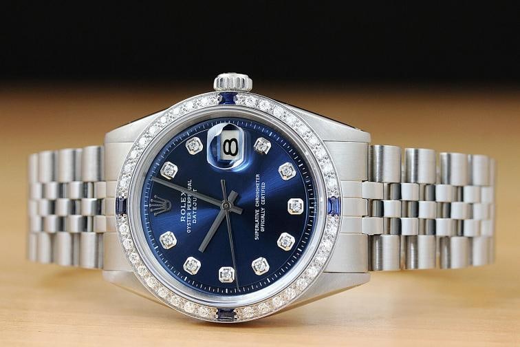 MENS ROLEX DATEJUST BLUE DIAMOND SAPPHIRE 18K WHITE GOLD STAINLESS STEEL WATCH - 3