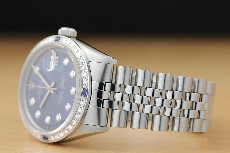 MENS ROLEX DATEJUST BLUE DIAMOND SAPPHIRE 18K WHITE GOLD STAINLESS STEEL WATCH - 4
